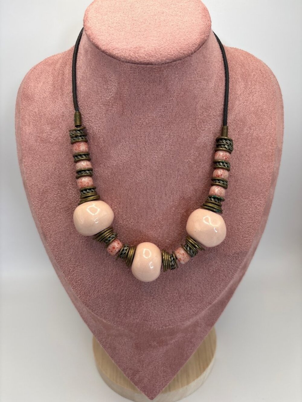 Rustic Artisan Style Chunky Pink Ceramic Beaded and Bronze Metal Necklace